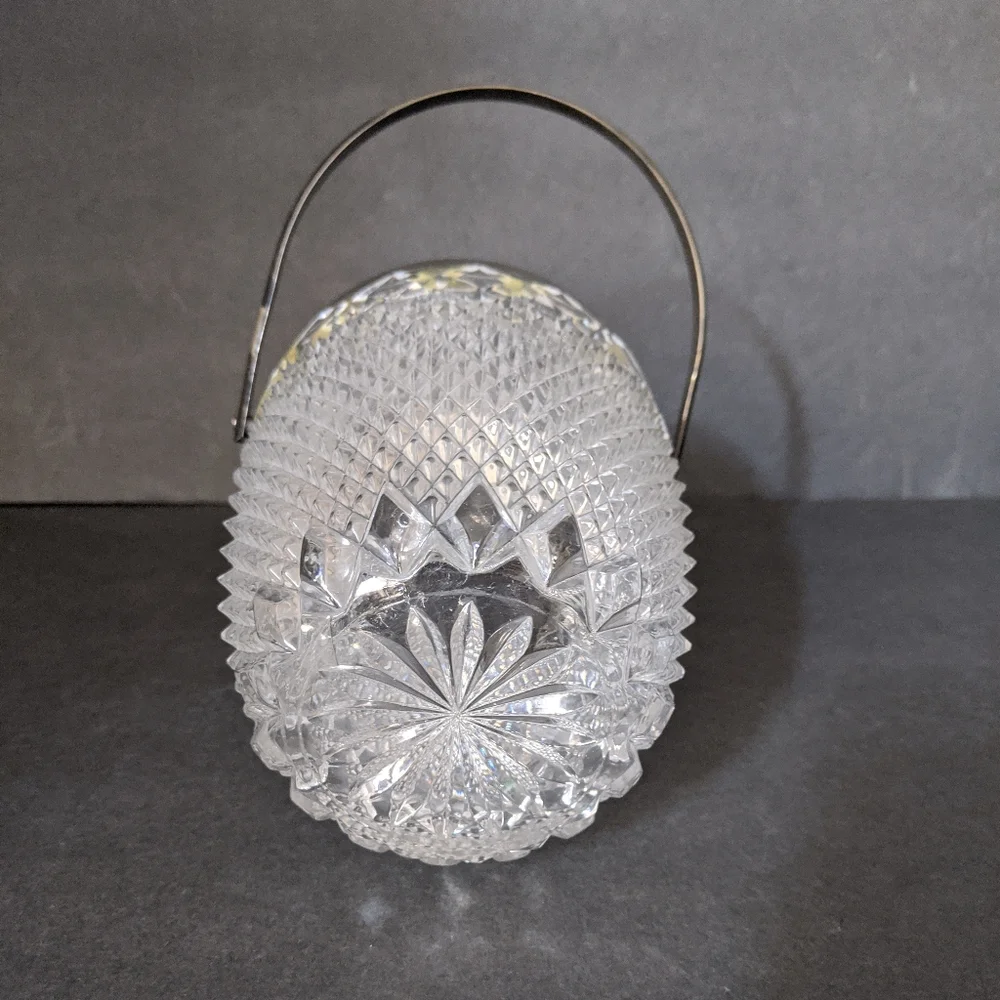 Vintage Cut Glass Diamond Point Crystal Ice Bucket Silver Plate Rim Handle